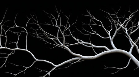 Abstract image of bare tree branches against a black background. A stark, minimalist study in contrast.の写真素材
