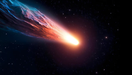 A vibrant comet streaks across the dark expansion of space, its fiery trail illuminating the cosmos.