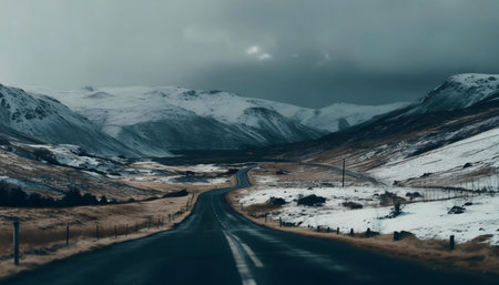 A winding road cuts through a snowy Icelandic mountain range. Winter landscape, adventurous journey.の写真素材
