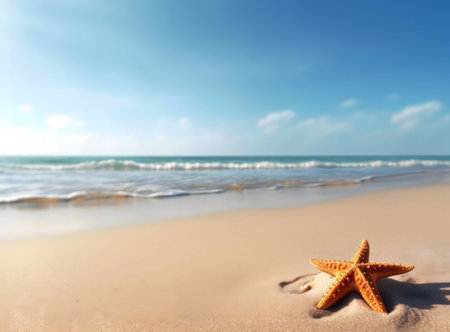 A starfish on a sandy beach, ocean waves in the background, sunny summer day.の写真素材