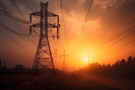 Power lines at sunset, creating a silhouette against the fiery sky.