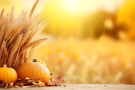 A vibrant autumn scene featuring pumpkins and wheat stalks against a blurred golden background. Perfect for Thanksgiving.の写真素材