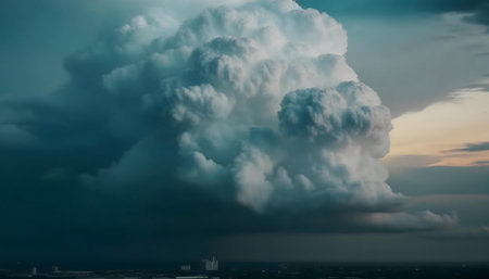 A breathtaking view of a massive cumulonimbus cloud formation dominating the cityscape at dusk. The dramatic lighting and vast scale create a powerful and awe-inspiring scene.の写真素材