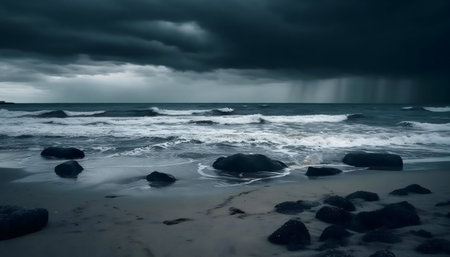 Dark clouds, stormy sea, waves crashing on rocky beach.の写真素材