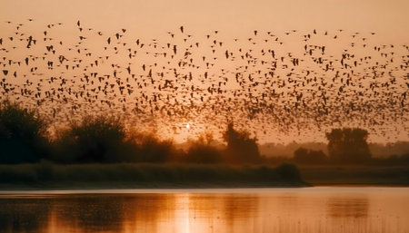 A breathtaking sunset scene featuring a massive flock of birds migrating over a tranquil lake.の写真素材