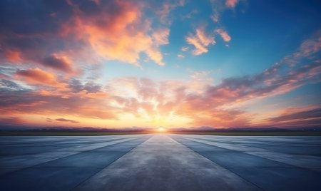 A picturesque sunset over a runway, symbolizing journeys and new beginnings.の写真素材