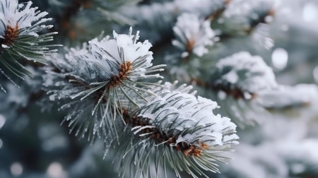 Close-up of a snow-covered pine branch. Winter wonderland.