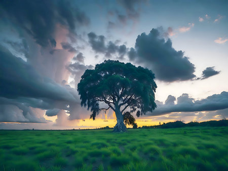 A single tree stands in a vibrant green field under a breathtaking sunset sky.の写真素材