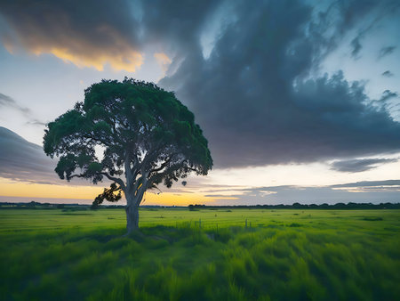 A single tree stands in a vast green field during a breathtaking sunset, clouds fill the sky.の写真素材