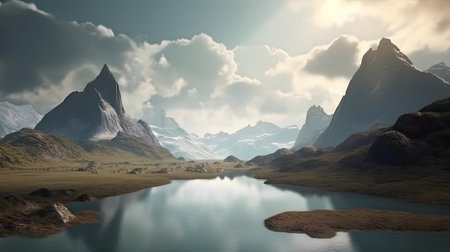 Serene mountain lake reflecting a majestic landscape. Digital art.の写真素材