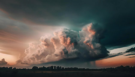 A breathtaking sunset with a massive cumulonimbus cloud dominating the sky.の写真素材