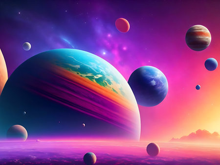 A vibrant cosmic landscape featuring multiple planets, nebulae, and stars. A surreal and colorful...
