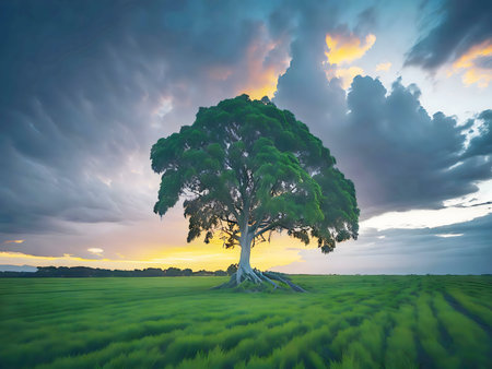A majestic tree stands alone in a vibrant green field at sunset. The sky displays a breathtaking array of colors.の写真素材