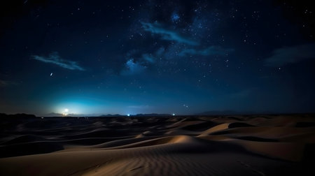 Serene desert landscape under a breathtaking starry sky.の写真素材