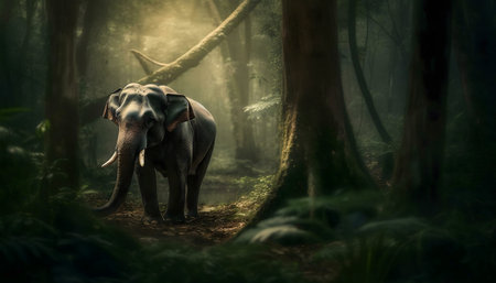 An elephant stands majestically in a misty forest. Serene atmosphere.の写真素材