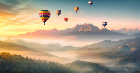 Hot air balloons fly over a misty mountain range at sunrise. A serene and breathtaking view.の写真素材