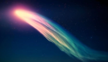 A vibrant comet streaks across the dark expansion of space, its tail painting a breathtaking scene.