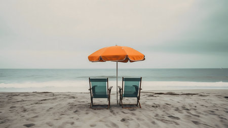Two empty beach chairs sit under an orange umbrella on a sandy beach by the ocean, on a cloudy day.の写真素材
