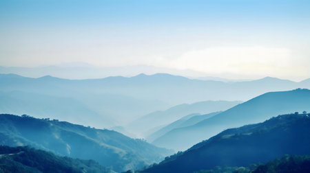 Serene mountain range, misty and blue. Peaceful landscape.の写真素材