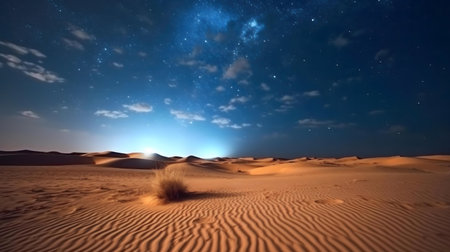Serene desert landscape under a starry night skyの写真素材