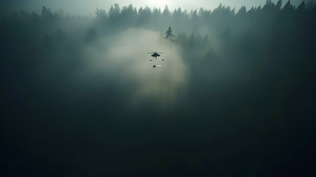 Helicopters battling a forest fire in misty conditions.の写真素材