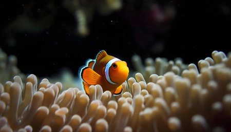 A vibrant clownfish finds refuge in its anemone home.