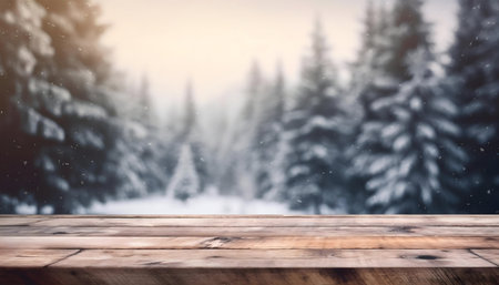Wooden table in a snowy forest. Winter wonderland backdrop.の写真素材