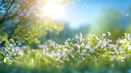 White flowers in a vibrant spring garden bathed in sunlight.の写真素材