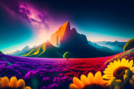 Stunning sunrise painting of a vibrant mountain range and flower fieldの写真素材
