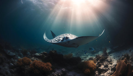 A graceful manta ray glides through sunlit waters above a vibrant coral reef.