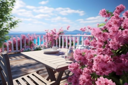 Peaceful breakfast scene on a coastal balcony, surrounded by pink flowers and a stunning ocean view.の写真素材