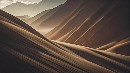 Majestic desert dunes bathed in the warm glow of the setting sun. A tranquil scene of natural beauty.の写真素材