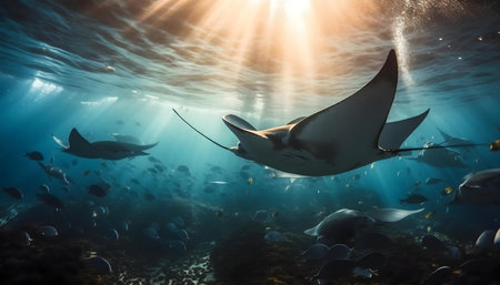 Stunning manta rays gracefully glide through sunlit ocean depths.の写真素材