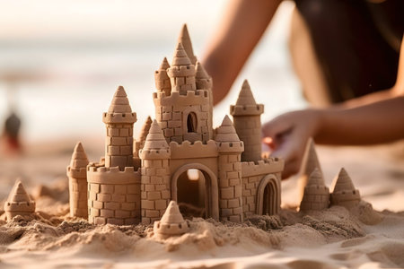 A child builds a magnificent sandcastle on a sunny beach. Summer fun!の写真素材