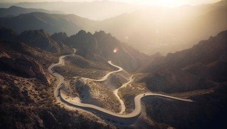 A winding road snakes through majestic mountains at sunset. Golden hour light bathes the scene.の写真素材
