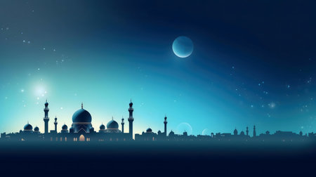 Silhouette of a majestic mosque at night, under a starry sky with a glowing moon. Peaceful.の写真素材