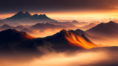Stunning mountain range bathed in golden sunset light.の写真素材