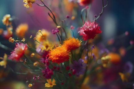 Close-up view of a vibrant flower arrangement, showing a variety of colors and textures.の写真素材