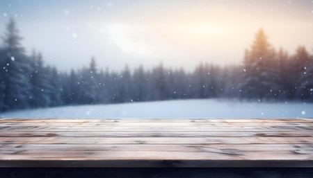 Wooden table in front of a blurred snowy forest. Perfect for winter, holiday, or Christmas product display.の写真素材