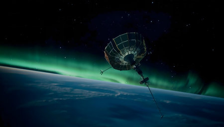 Satellite in space, aurora borealis, night sky.の写真素材
