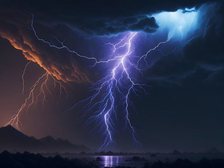 Stunning lightning storm over tranquil lake and mountains.の写真素材