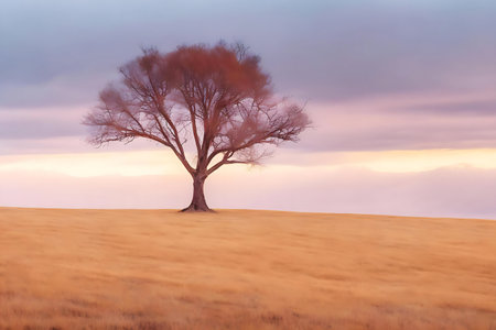 A lone tree stands in a vast field at sunrise. Peaceful atmosphere.
