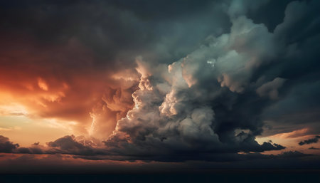 Stunning sunset cloudscape. Fiery colors meet a dark storm.の写真素材