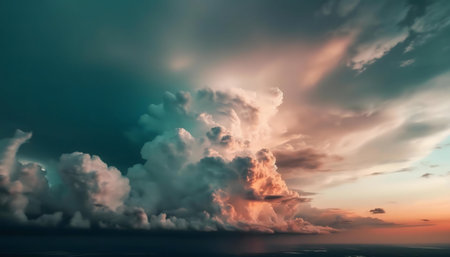 Stunning sunset clouds. Dramatic sky, peaceful atmosphere.の写真素材