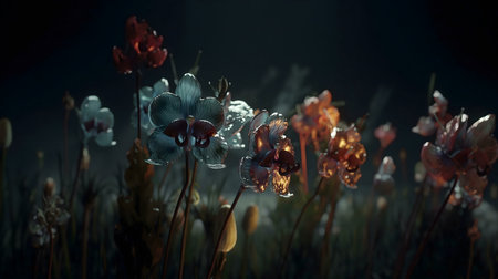 Surreal image of glowing orchids in a dark meadow. Eerie, dreamlike atmosphere.