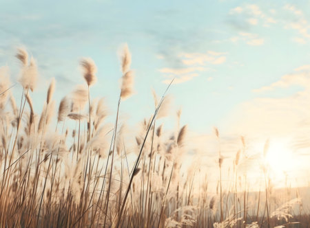 Pampas grass bathed in the warm glow of a sunset. Peaceful and serene.の写真素材