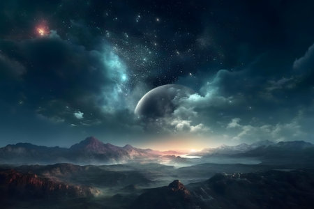 An alien planet with mountains and a starry sky.