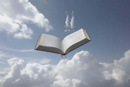 A book floats in the sky among clouds, symbolizing knowledge, dreams, and imagination.の写真素材