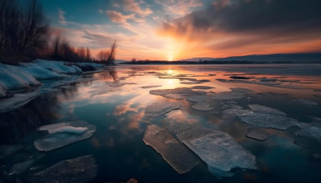 Breathtaking winter sunset reflected in a partially frozen river.