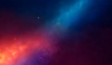 A vibrant cosmic nebula showcasing red and blue hues. Stars glimmer throughout the vast expansion.の写真素材